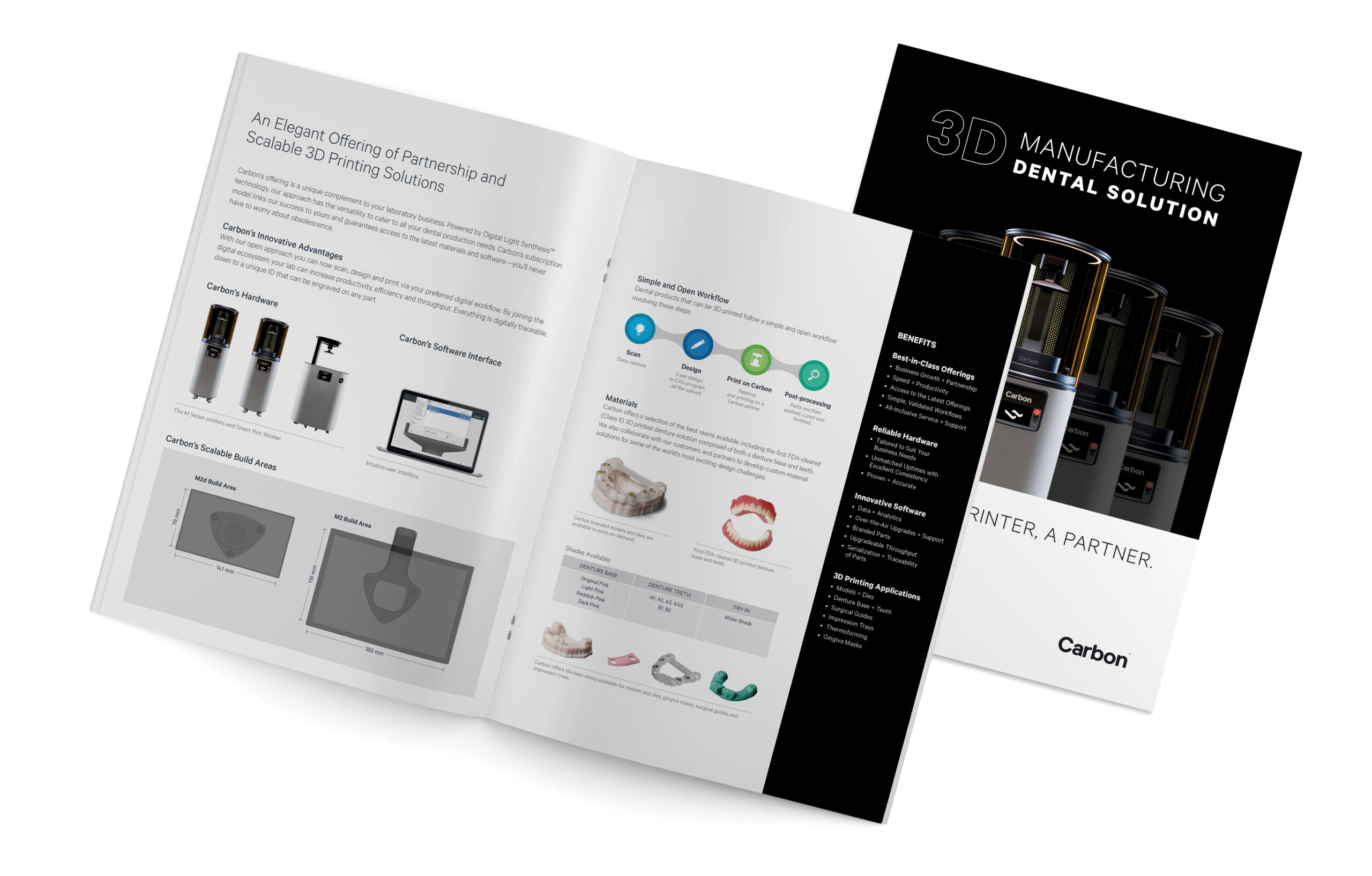 This high-level brochure was produced in a four page (shown) and size page design explaining the benefits of Carbon 3D printing to the dental market.